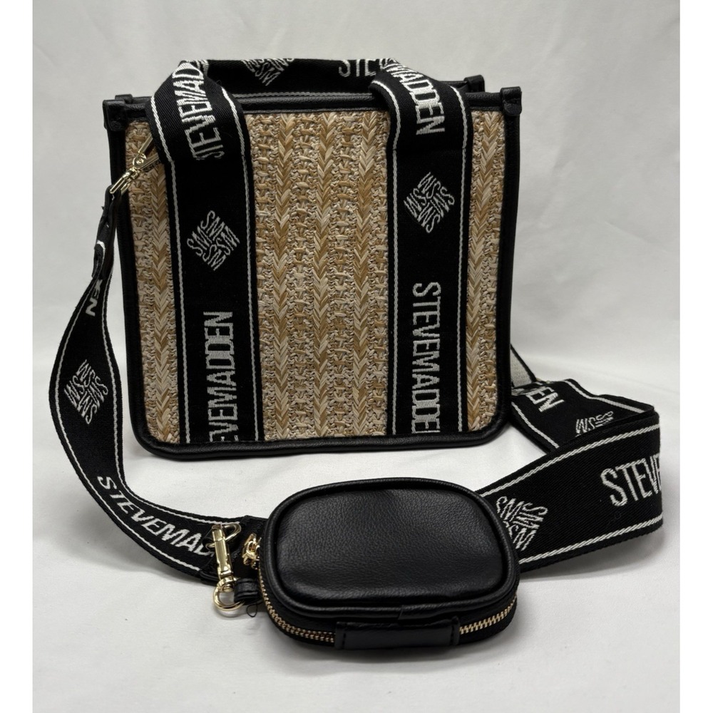 Steve Madden Womens Black Bwebber Straw Satchel‎ Crossbody Purse Bag Earbud Case